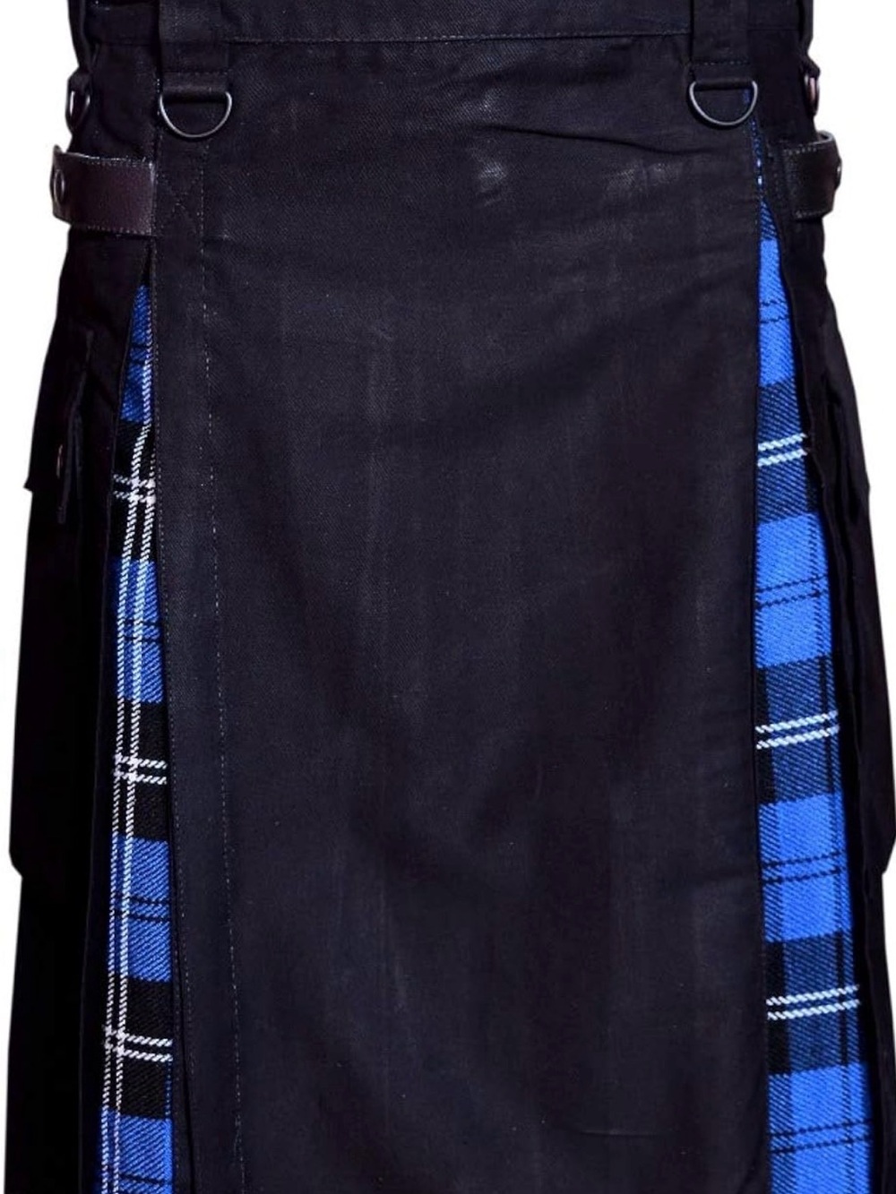 Men’s Black and Blue Plaid Pleated Utility Kilt Skirt - Picture 4 of 7